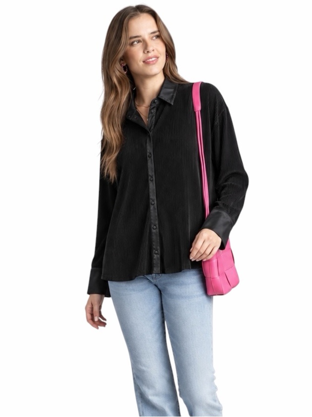 NEW Umgee Black Plisse Satin Detail Comfy Contemporary Collared Button Up Shirt